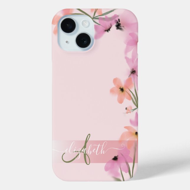 Funda De Case-Mate Para iPhone Prado de flores silvestres boho rosa monograma (Reverso )