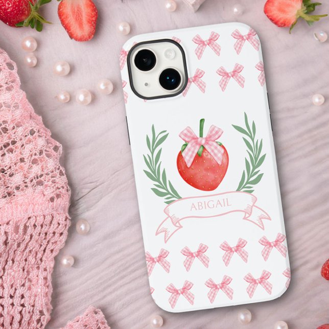 Funda De Case-Mate Para iPhone Preppy Strawberry Pink Gingham Bows Personalizados (Personalized iphone case with pink gingham bows and strawberry logo by Darling and May)