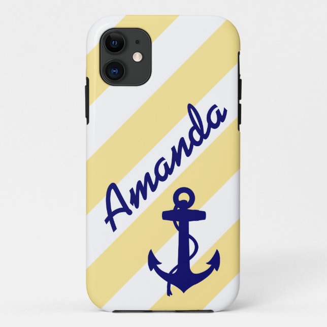 FUNDA DE Case-Mate PARA iPhone PREPPY YELLOW STRIPTS BLUE ANCHOR TU NOMBRE (Reverso)