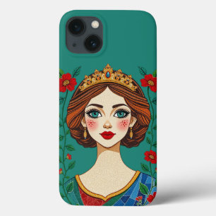 Funda Para iPhone 13 Princesa de Corona floral   Fondo verde azulado