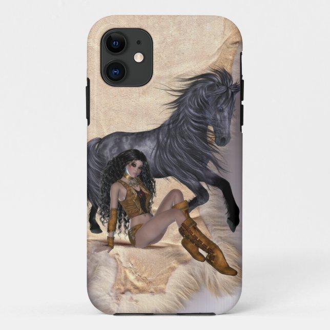 Funda De Case-Mate Para iPhone Princesa india americana y caballo negro (Reverso)