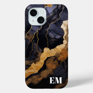 Funda Para iPhone 15 Principio del Monograma de Mármol de Oro Negro