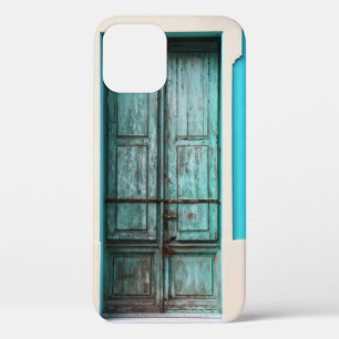 Funda Para iPhone 12 PUERTA verde azulada DE MADERA CERRADA