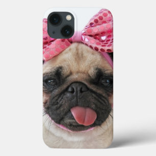 Funda Para iPhone 13 Pug con arco rosado