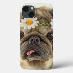 Funda Para iPhone 13 Pug con la corona de margarita