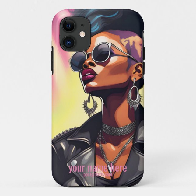 FUNDA DE Case-Mate PARA iPhone PUNK ROCK CHICA NEGRO CUERO JACKET ART (Reverso)