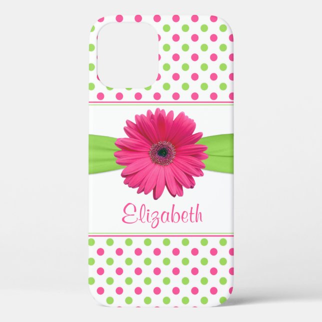 Funda De Case-Mate Para iPhone Punto de polka verde rosa Gerber Daisy (Reverso )