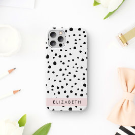 Funda Para iPhone 12 Pro Puntos dálmatas, puntos, negro y blanco, tu nombre