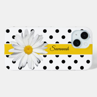 Funda Para iPhone 15 Puntos de polka negros y blancos, margarita