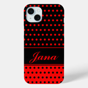 Funda Para iPhone 15 Mini Puntos De Polka Rojo Y Negro De SuperModa, Nombre 