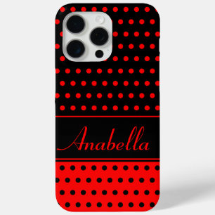 Funda Para iPhone 15 Pro Max Puntos De Polka Rojo Y Negro, Nombre Personalizado