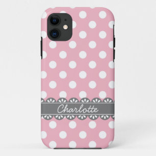 Funda Para iPhone 11 Puntos de polka rosa y encaje gris de moda