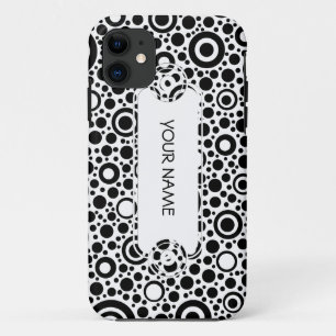 Funda Para iPhone 11 Puntos negros y patrón de círculo + tu texto y fon