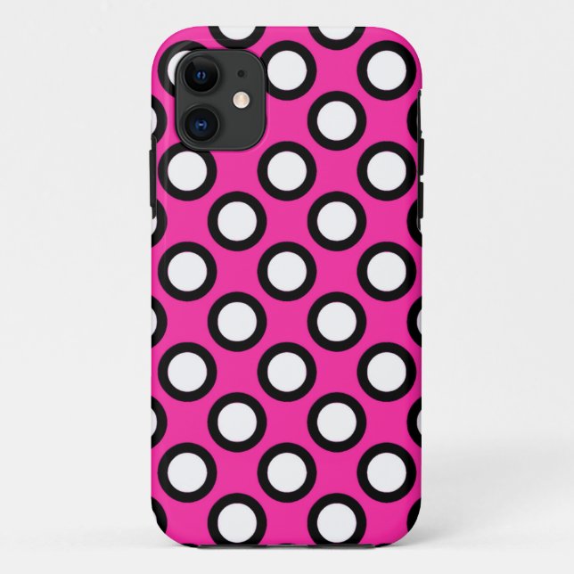 Funda De Case-Mate Para iPhone Puntos retro circulados, fucsia, negro y blanco (Reverso)