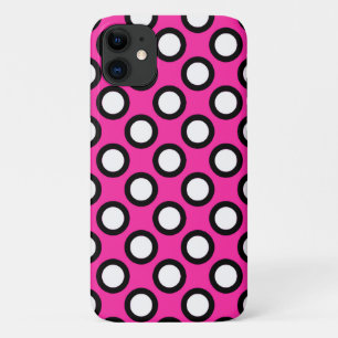 Funda Para iPhone 11 Puntos retro en círculo, fucsia, blanco y negro