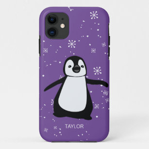 Funda Para iPhone 11 Purple Custom Name Cute Penguin Snow