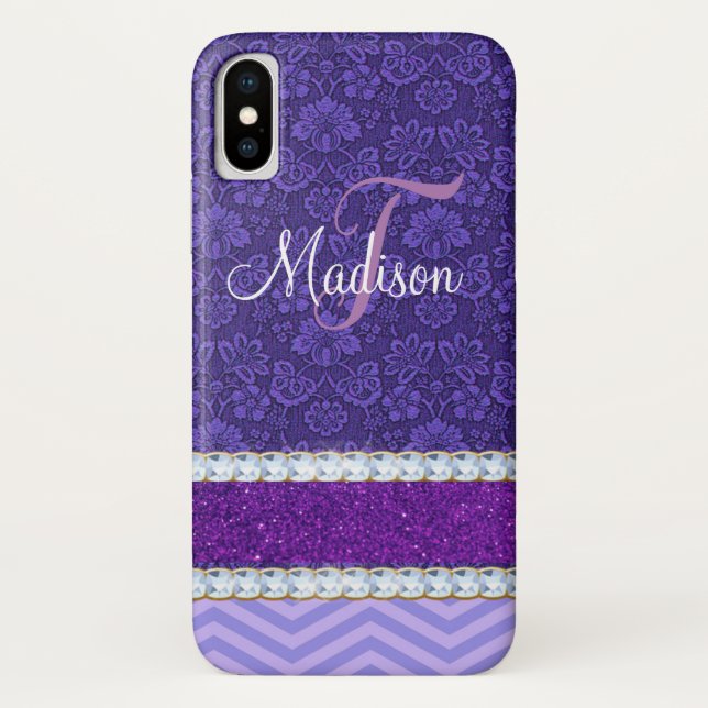 Funda De Case-Mate Para iPhone Purple Elegant Purpurina Bling Damask Nombre (Reverso)