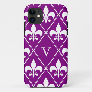 Funda Para iPhone 11 Purple Fleur de Lis profundo con monograma