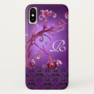 FUNDA PARA iPhone X PURPLE ROSA, BERRIES FLORAL DAMASK MONOGRAM