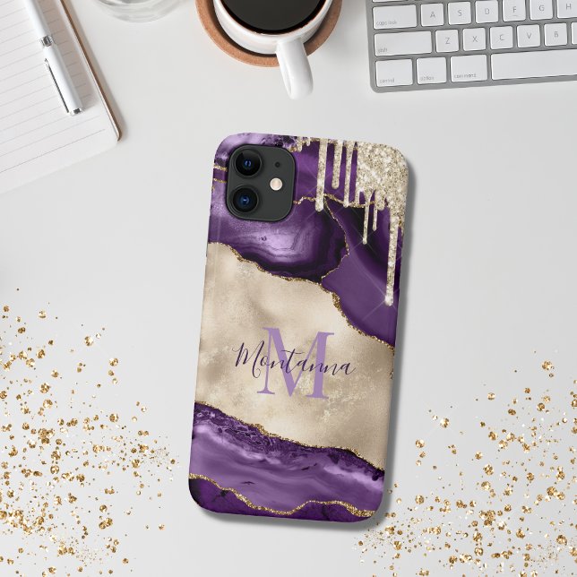 Funda De Case-Mate Para iPhone Púrpura, Champagne Ivory & Gold Agate Stone (purple agate)