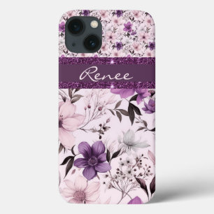 Funda Para iPhone 13 Púrpura floral purpurina de imitación rosa