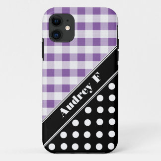 Púrpura Gingham Black Polka Dot iPhone 5 Funda