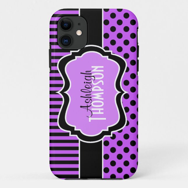 Funda De Case-Mate Para iPhone Púrpura personalizada, lunares rayados negros (Reverso)