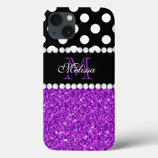 Funda Para iPhone 13 Púrpura Purpurina de puntos de polka blanco monogr