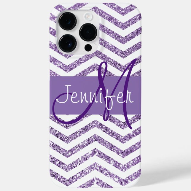 Funda De Case-Mate Para iPhone Purpurina Ametista Chevron Monograma blanco y negr (Reverso)