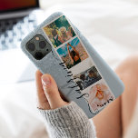Funda Para iPhone 13 Pro Max Purpurina azul 4 monograma de nombre de collage de<br><div class="desc">Moderno 4 fotos nombre de collage y purpurina azul celeste monograma resalta el color polvoriento verde azulado con un collage estilo cabina de fotos</div>