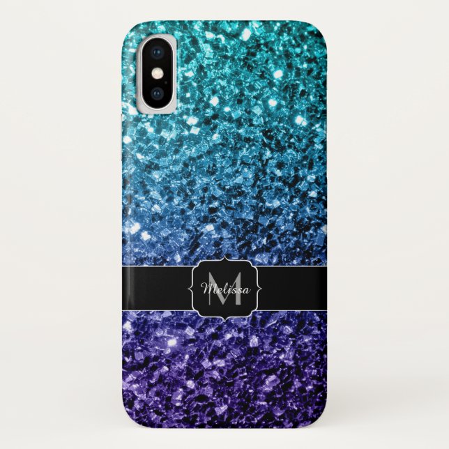Funda De Case-Mate Para iPhone Purpurina azul Aqua Ombre fino chispas Monograma (Reverso)