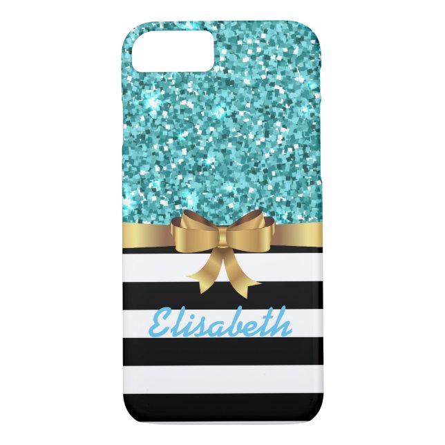 Funda De Case-Mate Para iPhone Purpurina azul BLACk franja blanca GOLD BOW MONOGR (Reverso)