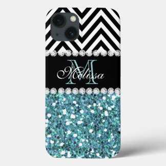 FUNDA PARA iPhone 13 PURPURINA AZUL CHEVRON NEGRO MONOGRAMADO