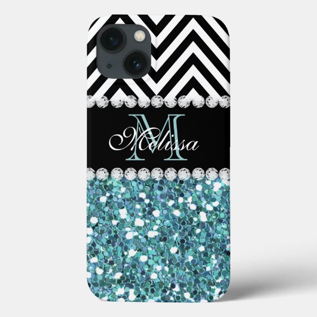 FUNDA DE Case-Mate PARA iPhone PURPURINA AZUL CHEVRON NEGRO MONOGRAMADO (Reverso)