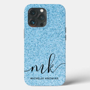 Funda Para iPhone 13 Pro Purpurina azul claro Personalizado Bokeh Monograma