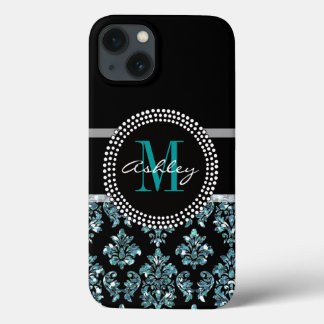 Funda Para iPhone 13 Purpurina azul giratorio Damasco negro personaliza