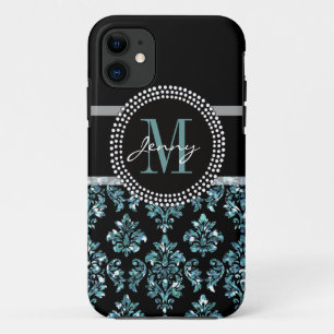 Funda Para iPhone 11 Purpurina azul impreso, damasco negro