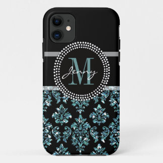 Funda Para iPhone 11 Purpurina azul impreso, damasco negro