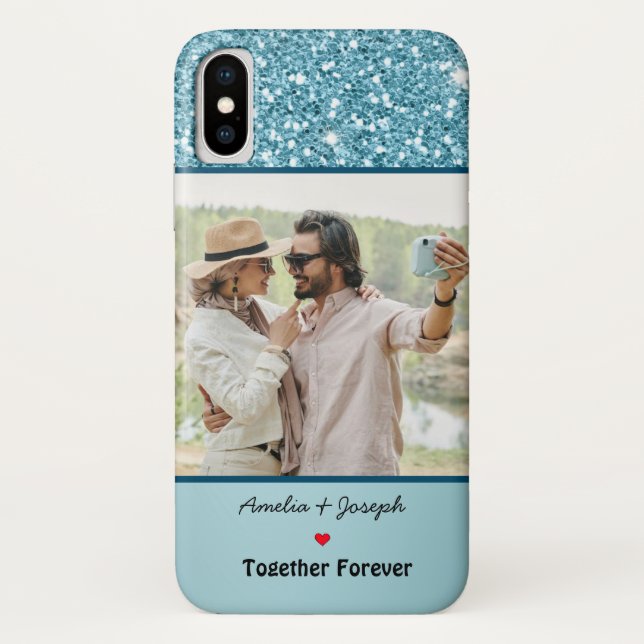 Funda De Case-Mate Para iPhone Purpurina azul moderno Personalizado de amor foto  (Reverso)
