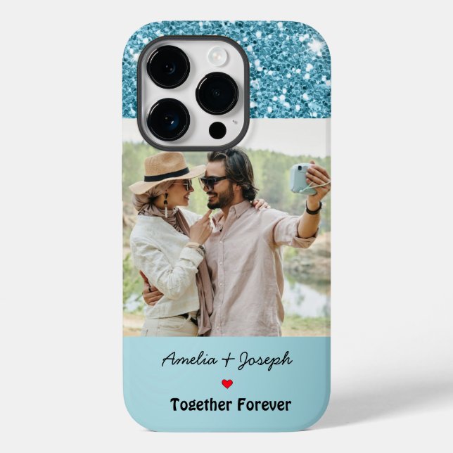 Funda De Case-Mate Para iPhone Purpurina azul moderno Personalizado de amor foto  (Reverso )
