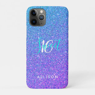 Funda Para iPhone 11 Pro Purpurina azul morado moderno Ombre Sweet 16 Monog