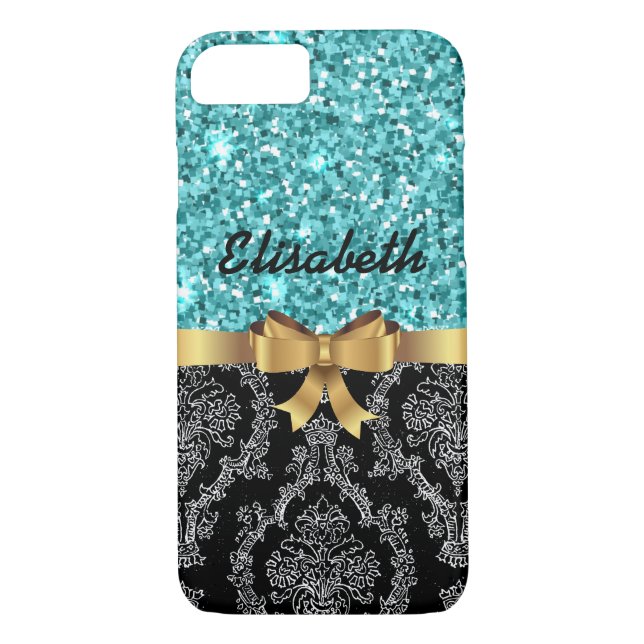 Funda De Case-Mate Para iPhone Purpurina azul NEGRO DAMASK ORO BOW MONOGRAM (Reverso)