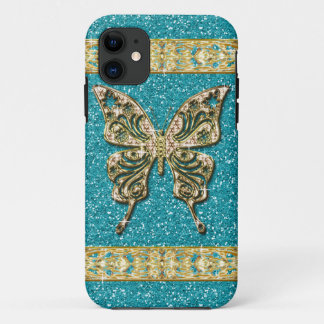Funda Para iPhone 11 Purpurina Blue Aqua Mariposa Dorada