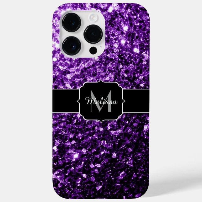 Funda De Case-Mate Para iPhone Purpurina brillante oscuro morado chispas Monogram (Reverso)