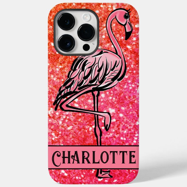 Funda De Case-Mate Para iPhone Purpurina brillante rosa Flamingo monogramado (Reverso )