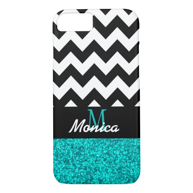 Funda De Case-Mate Para iPhone Purpurina cian de chevron negro personalizado (Reverso)