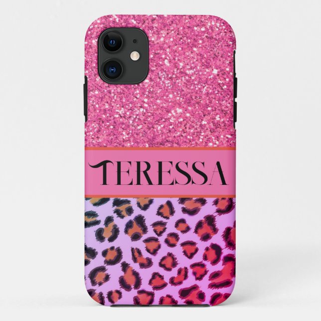 Funda De Case-Mate Para iPhone Purpurina de chismes rosados con patrón de leopard (Reverso)
