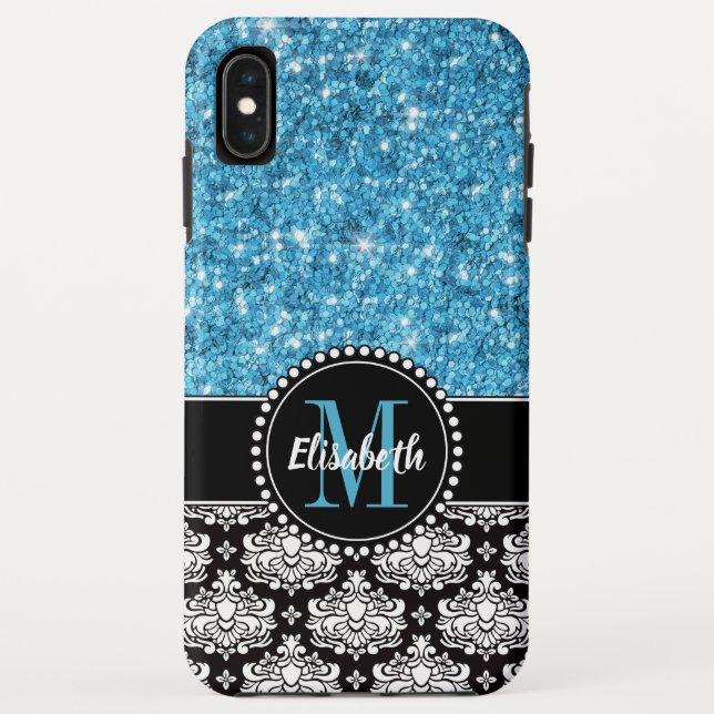 Funda De Case-Mate Para iPhone Purpurina de espuma azul, Damask, teléfono móvil d (Reverso)