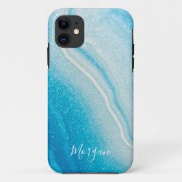 Funda Para iPhone 11 Purpurina de estilo Agate azul y blanco, nombre DI