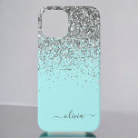 Funda Para iPhone 12 Purpurina de Monograma Verde azulado de Girona Azu<br><div class="desc">La Esparkle de imitación azul Aqua, plateada y Verde azulada, y el Purpurina de goteo se cepillaron con el nombre Metalizado del monograma y el teléfono inicial. Esto hace que el dulce perfecto cumpleaños 16, boda, ducha de novia, aniversario, ducha de bebé o fiesta de soltera sea regalo para alguien...</div>